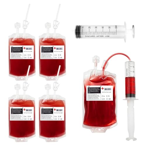 Halloween Blood Bags for Drinks 4 Pack with Syringe & Clips Set