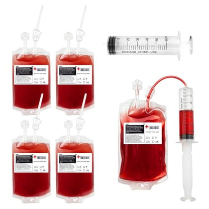 Halloween Blood Bags for Drinks 4 Pack with Syringe & Clips Set
