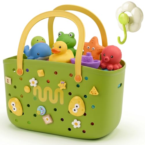 Green Bathtub Toy Storage Basket with Hooks Handles and Quick Drain