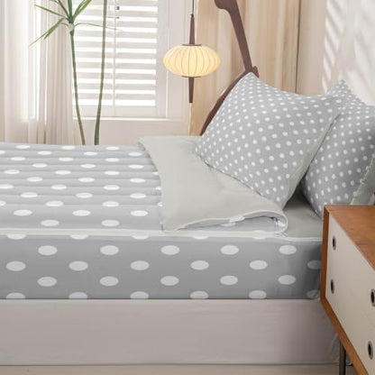 Kids Full Size Polka Dot Bedding Set with Zipper Comforter & Fitted Sheet - Grey White Cartoon
