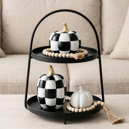 Black and White Checkered Pumpkins with Gold Stem Set of 2 Halloween Decor
