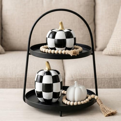 Black and White Checkered Pumpkins with Gold Stem Set of 2 Halloween Decor