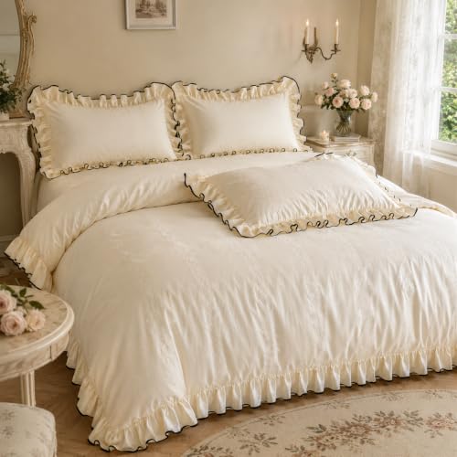 King Size Ruffle Cotton Duvet Cover Set with Pillow Shams & Fitted Sheet - Farmhouse Ivory White Bedding
