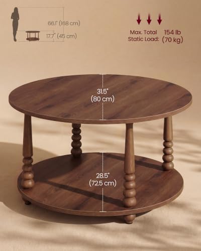 VASAGLE 2-Tier Round Coffee Table with Storage - Chestnut Brown
