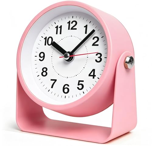 Pink 3.5-Inch Retro Analog Alarm Clock Silent Metal Table Desk Clock with Light
