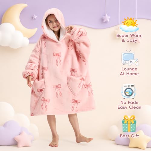 Pink Bow Wearable Blanket Hoodie for Kids 6-13 Years Oversized Christmas Gift