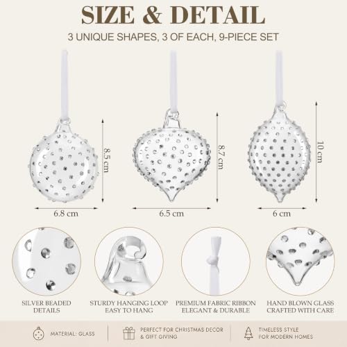 Seenelling 9 Pack Clear Christmas Glass Ball Ornaments Teardrop Silver Variation