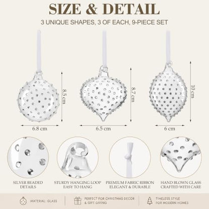 Seenelling 9 Pack Clear Christmas Glass Ball Ornaments Teardrop Silver Variation