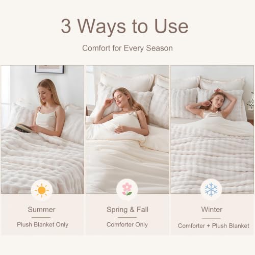 Queen Size Faux Rabbit Fur Comforter Set with Detachable Blanket - Cream White, 6 Pieces - Downcool