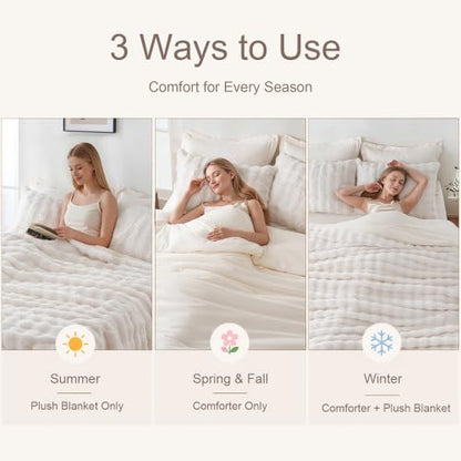 Queen Size Faux Rabbit Fur Comforter Set with Detachable Blanket - Cream White, 6 Pieces - Downcool