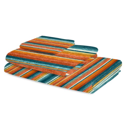 Teal Orange Striped Bath Towel Set of 3 - Microfiber Absorbent Bathroom & Beach Towels