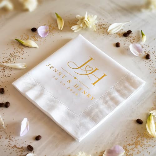 Personalized Wedding Cocktail Napkins - Style 5, Floral Wreath Design, 50 Pack