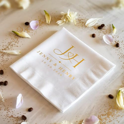 Personalized Wedding Cocktail Napkins - Style 5, Floral Wreath Design, 50 Pack