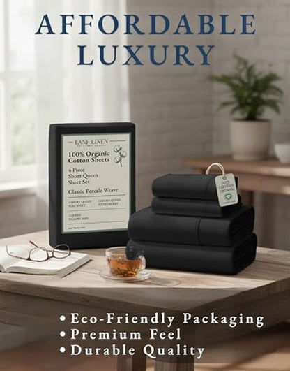 LANE LINEN RV Queen Size Sheet Set, 100% Organic Cotton, 4-Piece Short Queen Sheets, Percale Weave, Cooling, Hotel Quality, Oeko-Tex Certified - Black