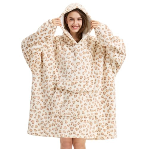 Wearable Blanket Hoodie Oversized Hoodie for Women Men - Yellow Leopard Print