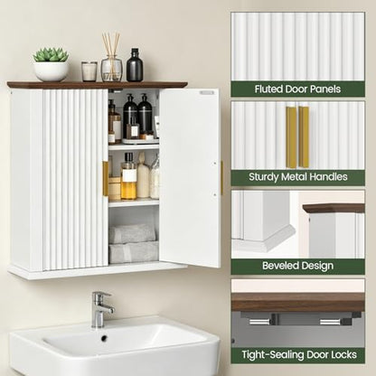 Wall Mounted Bathroom Medicine Cabinet with Adjustable Shelves - Farmhouse Style, White & Walnut Finish