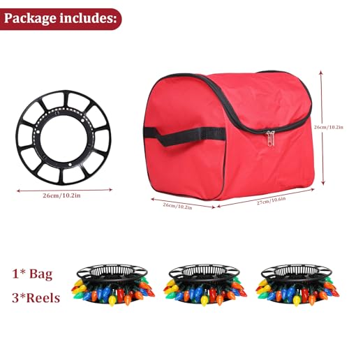 Christmas Light Storage Bag - Red, Heavy Duty Tearproof 600D with Reinforced Handles, Holds Up to 175 Ft Lights & Extension Cords