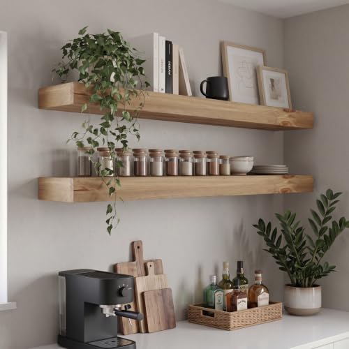 48-Inch Rustic Solid Wood Floating Shelves Set of 2, Heavy Duty Wall Storage