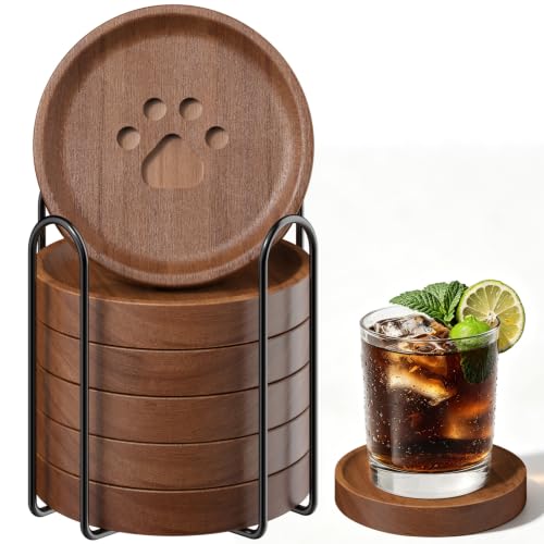 Wood Coasters Set of 6 with Holder - Rustic Drink Protectors