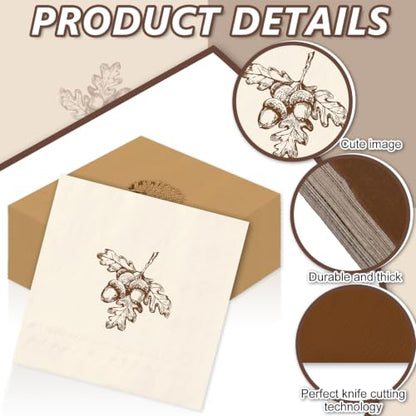 Fall Thanksgiving Cocktail Napkins with Turkey and Acorn Design - 60 Pack