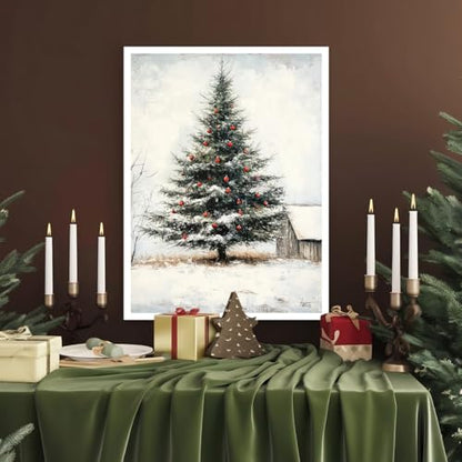 Annual Ring Christmas Canvas Wall Art Decor Large Snowy Tree Farmhouse Holiday Poster 16x12