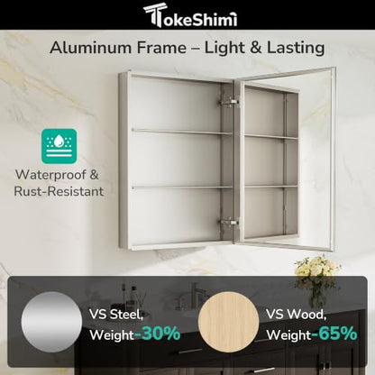 14x24 Inch Double-Sided Medicine Cabinet with Mirror and 110° Hinge - Light Aluminum Frame