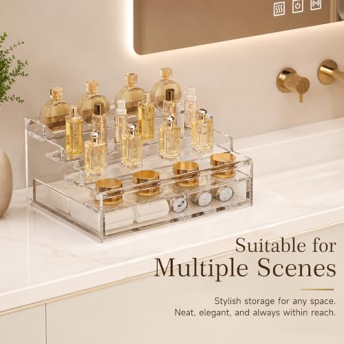 4-Tier Clear Acrylic Perfume Organizer with Drawer and Vanity Stand