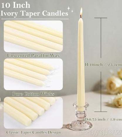 Ivory Taper Candles - 12 Pack, 10 Inch Unscented Dripless Home Decor