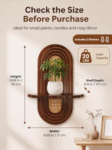 Boho Wall Shelves 2 Pack - Bamboo with Handwoven Rattan for Plants & Decor