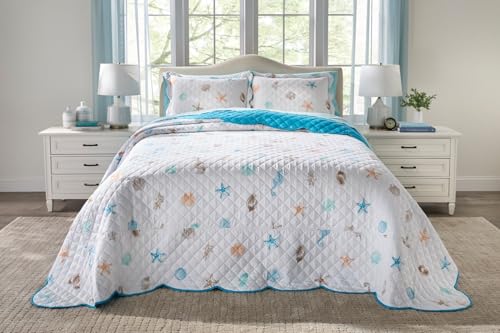 BrylaneHome Scalloped Hem Bedspread - White Seashells Queen Variation