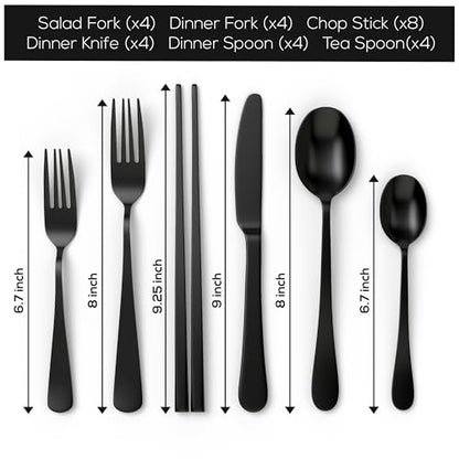 28-Piece Stainless Steel Flatware Set for 4 with Matte Finish - Black and Silverware