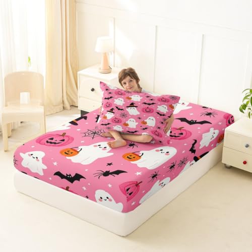 Pink Deep Pocket Twin Bed Sheets Set with Ghost Pumpkin Design, 3 Pieces