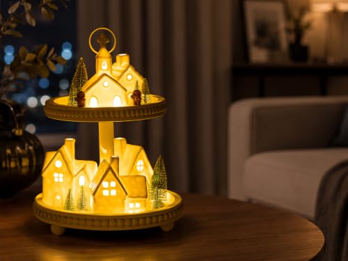 Christmas Village Set with Lighted Ceramic Houses, Trees & Figurines - Indoor Holiday Decor
