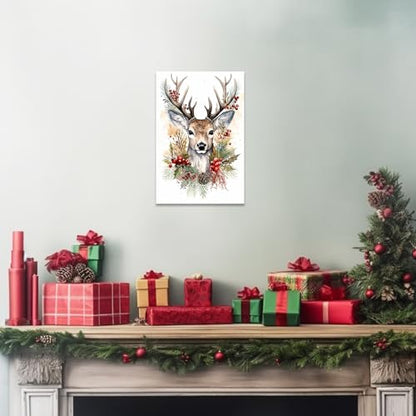 Christmas Deer Canvas Wall Art Watercolor Reindeer Print - 16x24 Inches - Deer 2