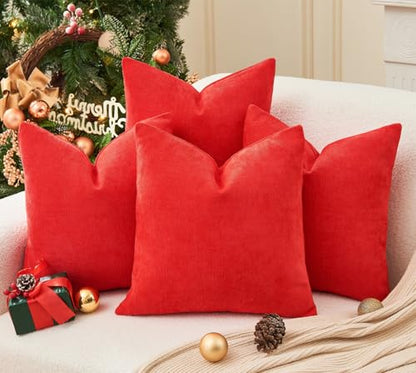 22x22 Inch Red Chenille Throw Pillow Covers Pack of 4 - Christmas Decorative Cushions