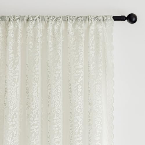 Ivory Floral Sheer Lace Curtains - 2 Panels, 55W x 63L Inches