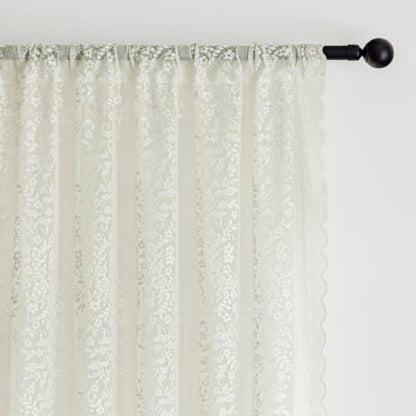Ivory Floral Sheer Lace Curtains - 2 Panels, 55W x 63L Inches