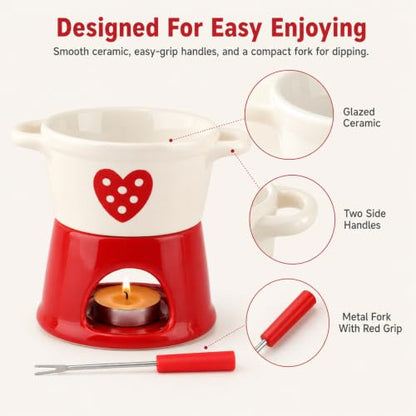 Mini Ceramic Fondue Cup with Fork - Candle Heated Personal Dipping Mug - Style 1
