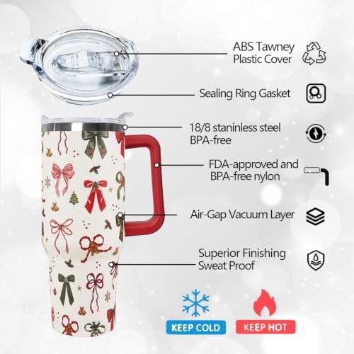 Christmas Bow 40oz Insulated Travel Tumbler with Handle - Festive Stainless Steel Mug