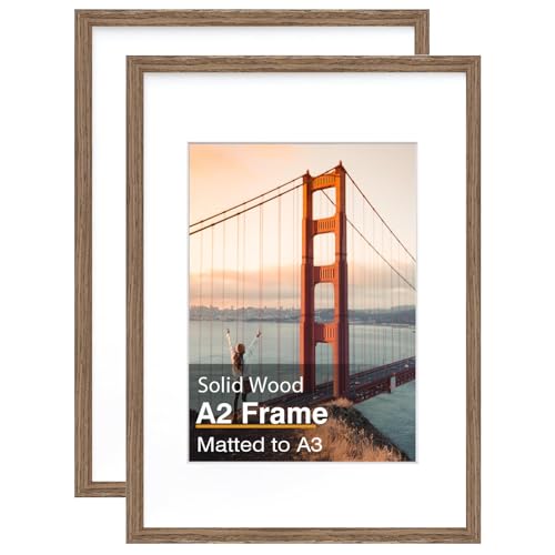 KINKINK 2 Pack Rustic Brown A2 Wooden Picture Frames - Solid Wood Wall Art