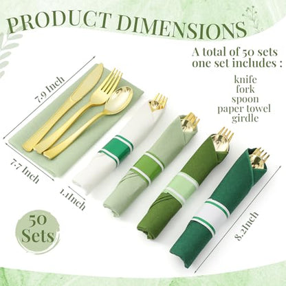 Pre-Rolled Gold Cutlery Set with Green Napkins for 50 Guests - Disposable Party Tableware
