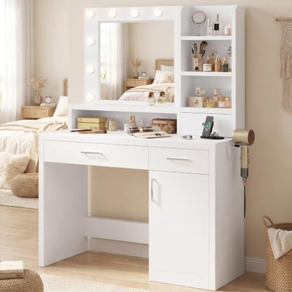 DUMOS Makeup Vanity Desk with Mirror and Lights - 15.6 x 38.1 x 53.9 in, 11 LEDs, 4 Shelves