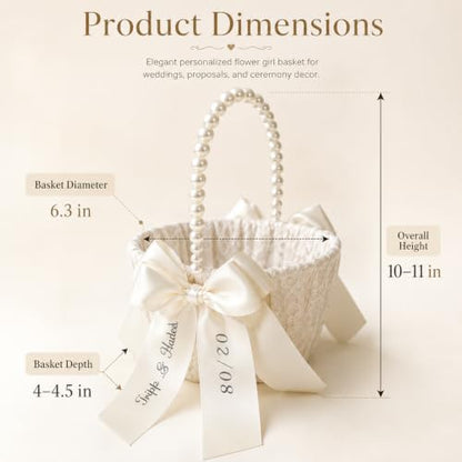 Personalized Flower Girl Basket with Lace & Pearls for Wedding Ceremony