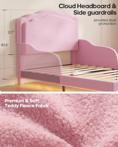 Pink Toddler Twin Bed with Montessori Bookcase Teddy Fleece & Guardrails