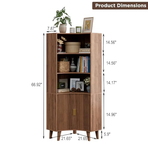 Tall Corner Cabinet with Fluted Doors - Walnut Oak-1 5-Tier Storage
