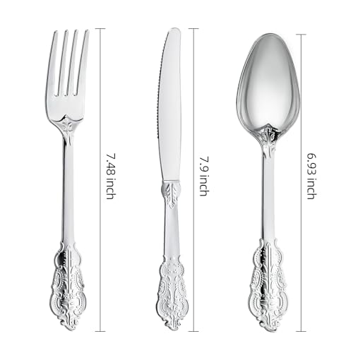 Silver Plastic Silverware Set 300PCS Vintage Disposable Utensils & Cutlery - Silver / 300PCS