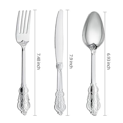 Silver Plastic Silverware Set 300PCS Vintage Disposable Utensils & Cutlery - Silver / 300PCS