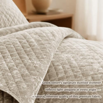 Beige Velvet Cal King Quilt Set 106x118 with 2 Pillow Shams - Fluffy Slumbers
