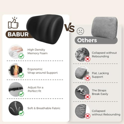 BABUR Ergonomic Memory Foam Car Headrest Pillow Black Dual-Wing Support