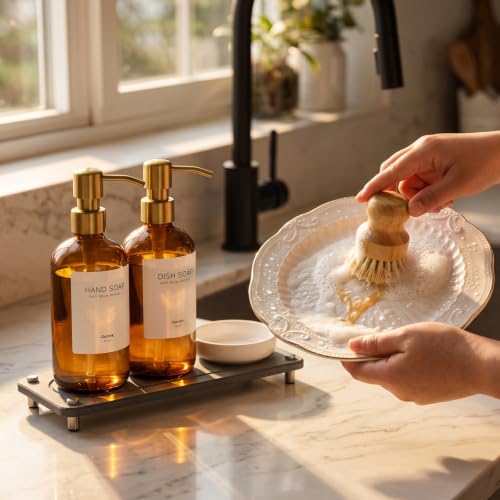 Kitchen Soap Dispenser Set 2 Pack - Amber Glass with Gold Pumps & Accessories